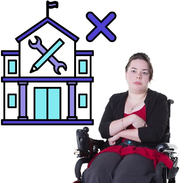 A woman in a wheelchair with her arms crossed. There is a  tertiary education icon and a cross next to her.
