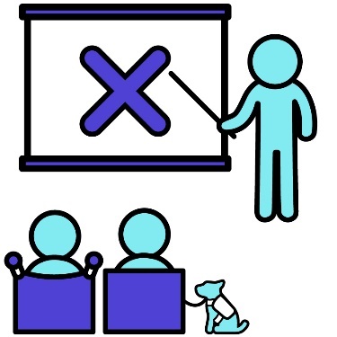 A teacher pointing to a whiteboard with a big cross on it. There are 2 students with disability following the lesson.