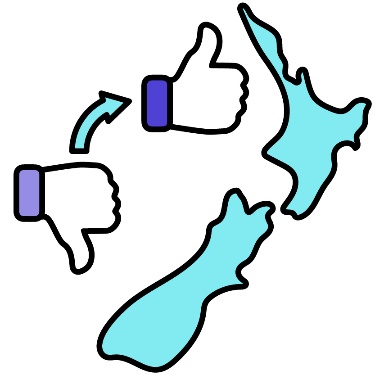 A map of New Zealand and an arrow pointing from a thumbs down to a thumbs up.