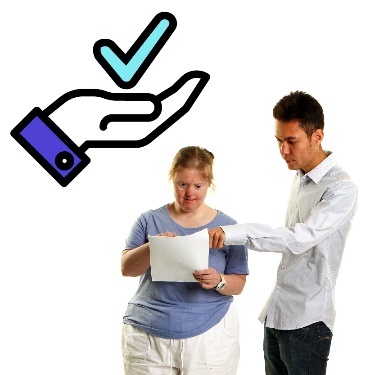 A man supporting a student with down syndrome to read a document, a support icon, and a tick.