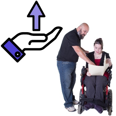 A disability support worker supporting a student, a support icon and an arrow pointing upwards.