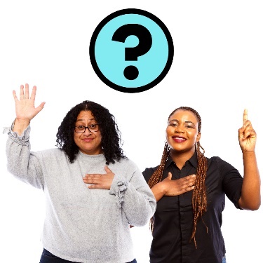 2 people pointing to themselves and raising their hand, and a question mark.