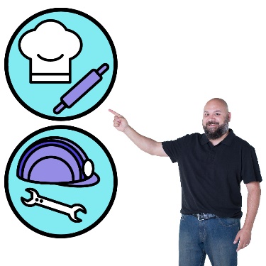 A man pointing to a hard hat and screwdriver, and a chef's hat and rolling pin.