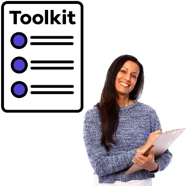 A toolkit document and a woman writing on a clipboard.