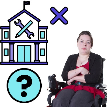 A woman in a wheelchair with her arms crossed, a  tertiary education icon, a cross, and a question mark.