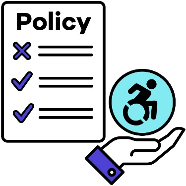 A policy document, a support icon, and a disability icon.
