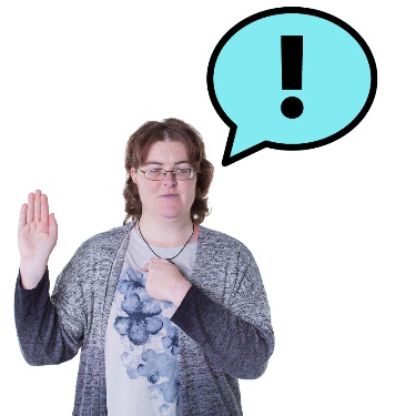 A woman pointing to herself, a speech bubble and an exclamation point.