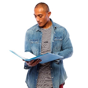 A man reading a document in a folder.