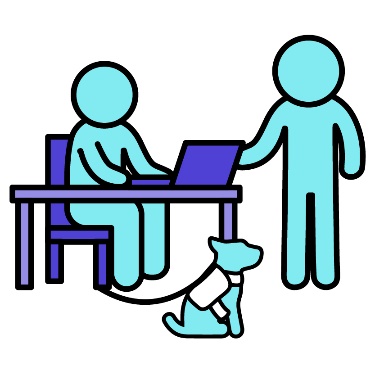 A student studying with their support dog next to them. A tutor is helping the student.