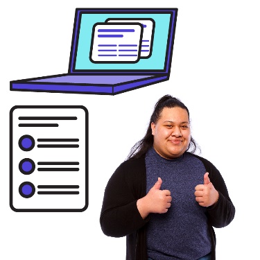A student giving 2 thumbs up, a laptop with a document up on the screen, and an Easy Read document.