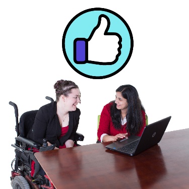 A tertiary education staff member supporting a student with disability. There is a thumbs up icon above them.