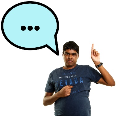 A person with disability raising his hand to speak and a speech bubble.