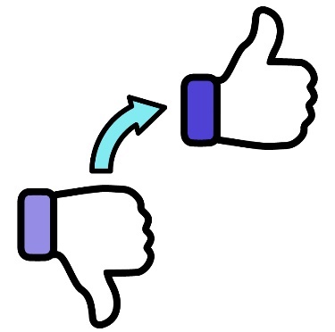 An arrow pointing from a thumbs down to a thumbs up.